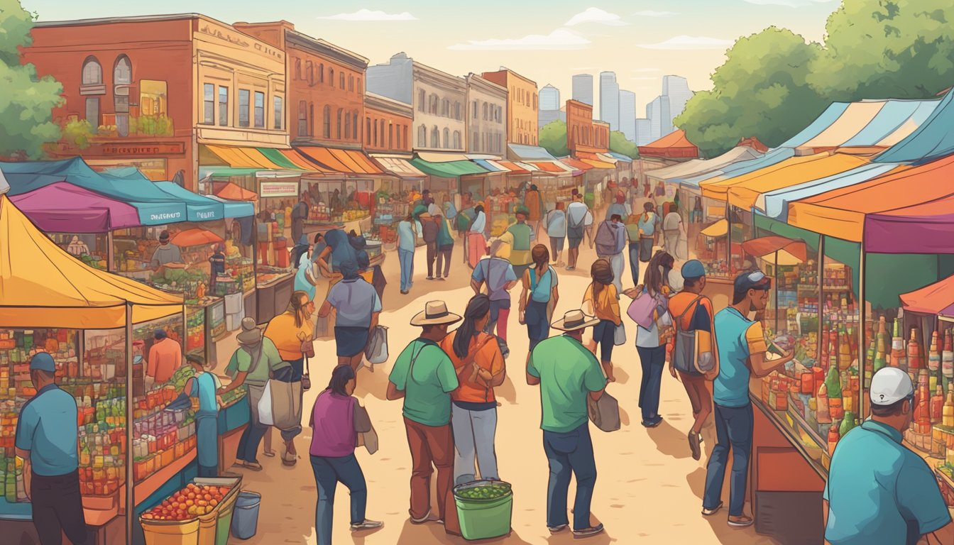 A bustling market with colorful hot sauce bottles and vendors showcasing spicy cocktails at a Texas festival