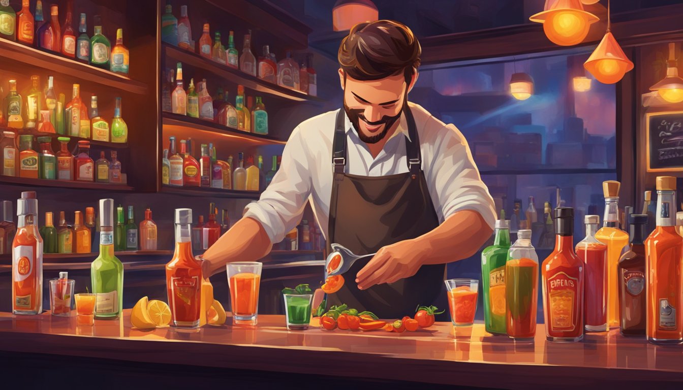 A bartender mixes a spicy Texas hot sauce into a cocktail, surrounded by a vibrant and lively atmosphere of a bustling bar