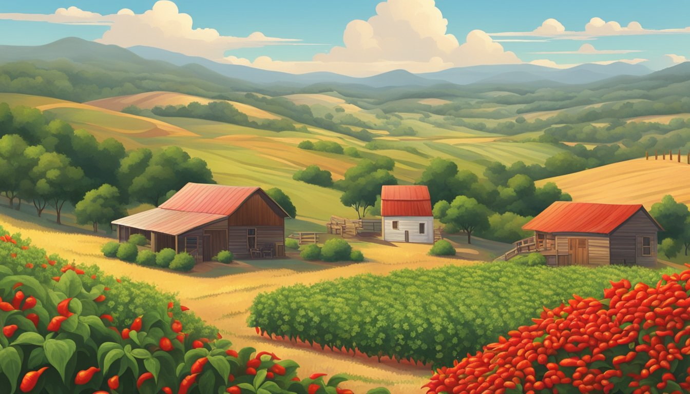 A rustic Texas landscape with rolling hills, a small farmhouse, and fields of vibrant red chili peppers growing in the hot sun