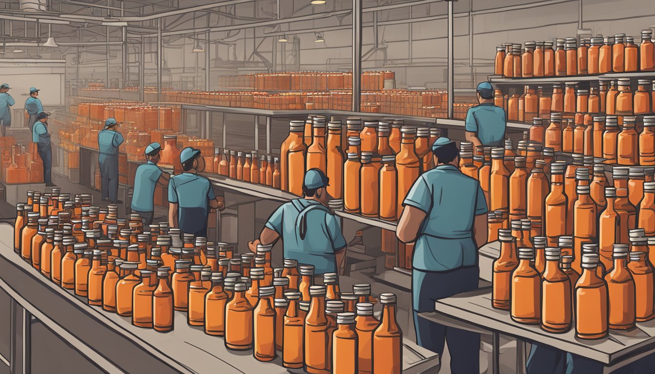 A bustling hot sauce factory with workers carefully monitoring the production process, while bottles of Texas hot sauce are lined up for packaging