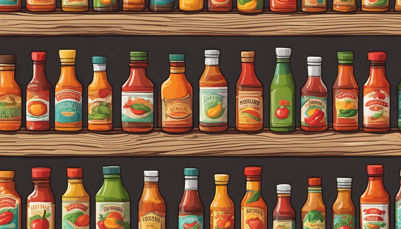 A trail of hot sauce bottles in various sizes and colors, lined up on a rustic wooden table with spicy peppers scattered around them