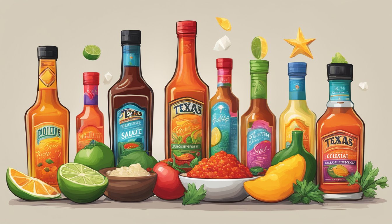 A sizzling bottle of Texas hot sauce sits next to a colorful array of cocktail ingredients, sparking creativity and innovation in mixology