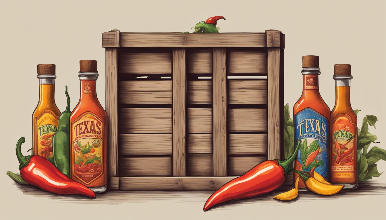 A rustic wooden crate filled with various bottles of Texas hot sauce, surrounded by chili peppers and cowboy boots