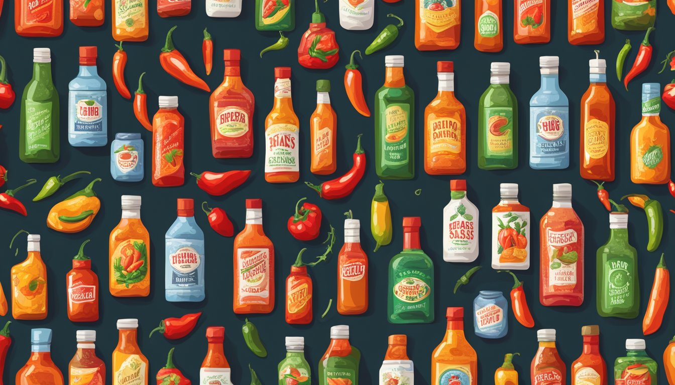 A colorful array of Texas hot sauce bottles arranged in a neat grid, surrounded by chili peppers and jalapeños