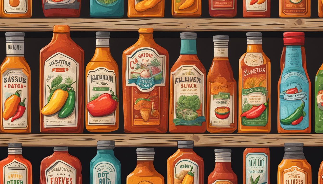 A colorful array of hot sauce bottles line the shelves of a rustic Texas market, with labels boasting bold flavors and fiery ingredients