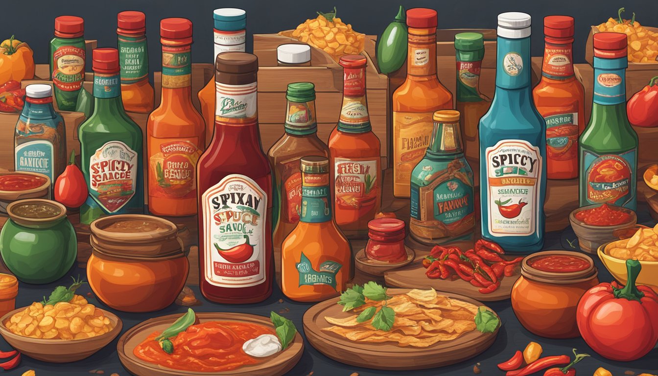 A table filled with various bottles of spicy hot sauce, surrounded by Texan-themed decor and packaging materials