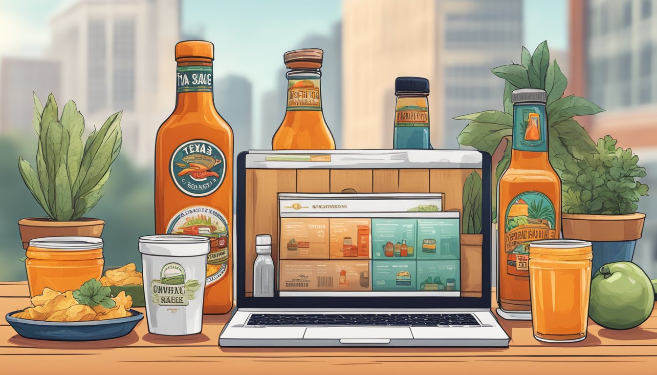 A table with various hot sauce bottles, a laptop displaying subscription options, and Texas-themed decor