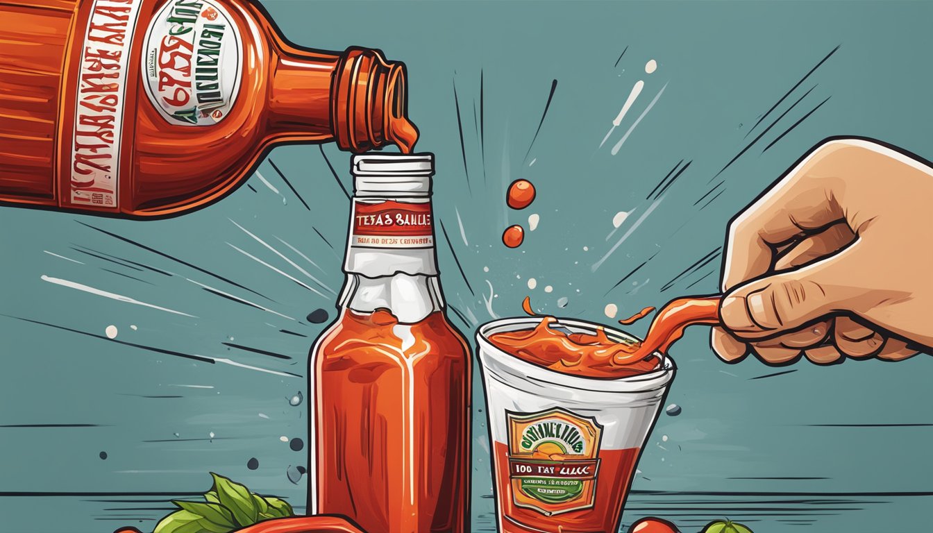 A bottle of Texas hot sauce pours into a vibrant red bloody mary, creating a swirling, spicy aroma