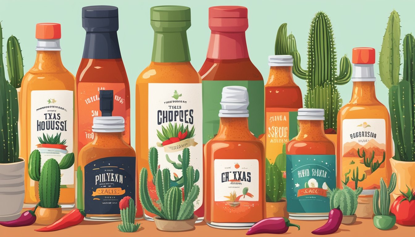 A variety of Texas hot sauces arranged in a subscription box, surrounded by chili peppers and cacti