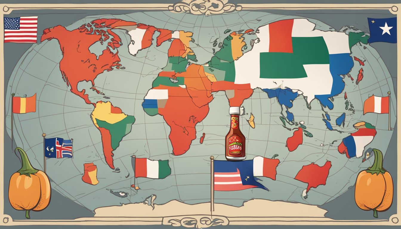 A bottle of Texas hot sauce stands tall on a world map, surrounded by flags of different countries. A fiery red pepper plant grows in the background