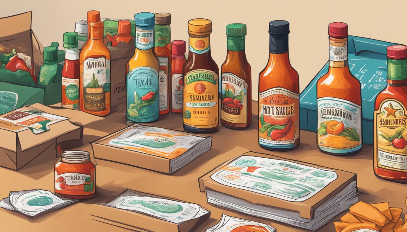 A table with various Texas hot sauces next to national subscription boxes