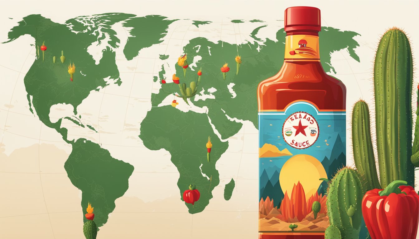 A bottle of Texas hot sauce towering over a world map, with fiery red peppers and cacti surrounding it, symbolizing its global reach