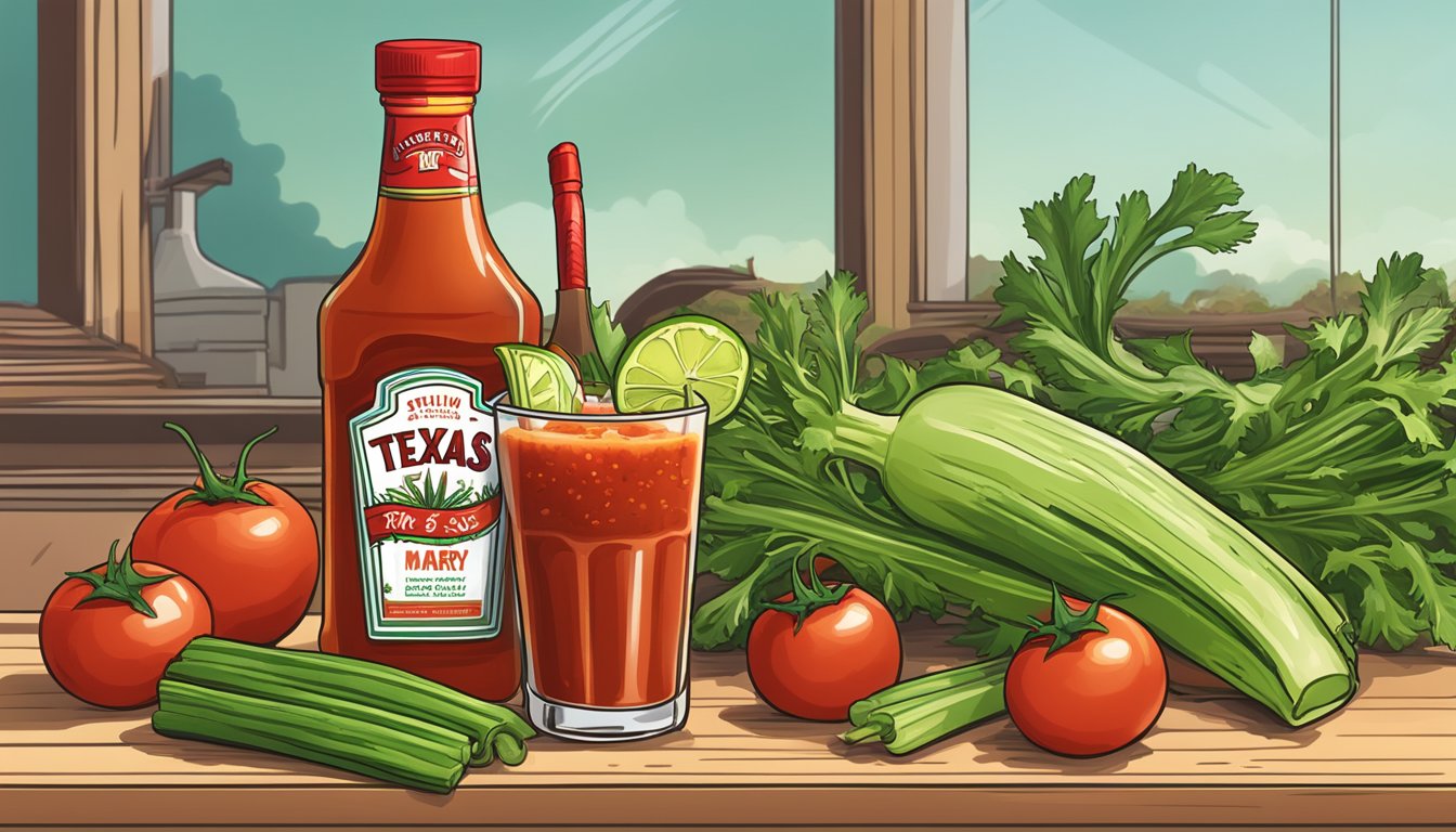 A bottle of Texas hot sauce pouring into a spicy bloody mary, with vibrant red tomatoes and celery garnish