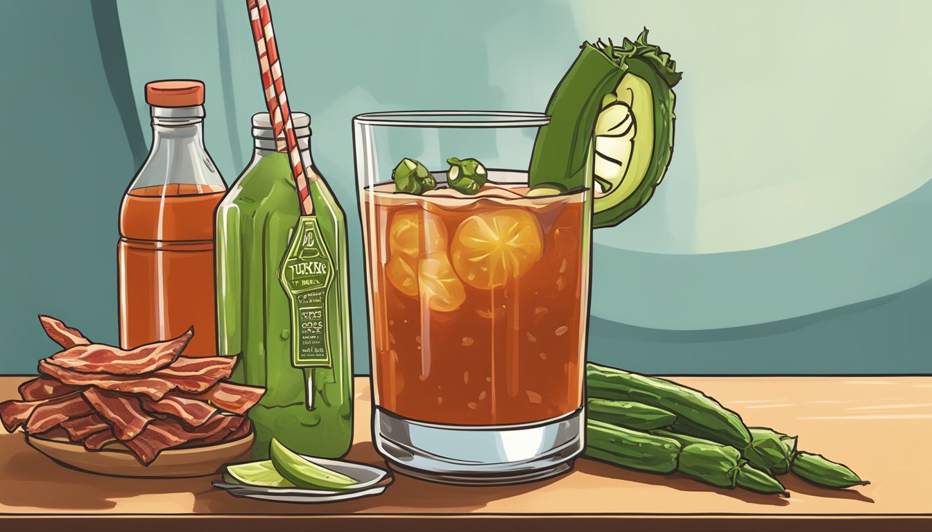 A steaming bloody mary topped with a skewer of pickled okra and crispy bacon, with a bottle of Texas hot sauce in the background