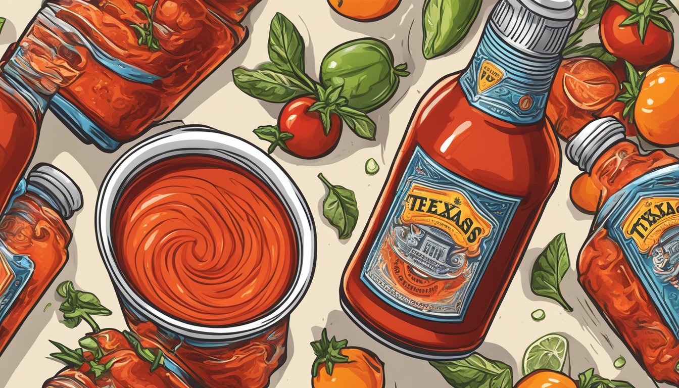 A bottle of Texas hot sauce pours into a vibrant red Bloody Mary, creating swirling patterns in the drink