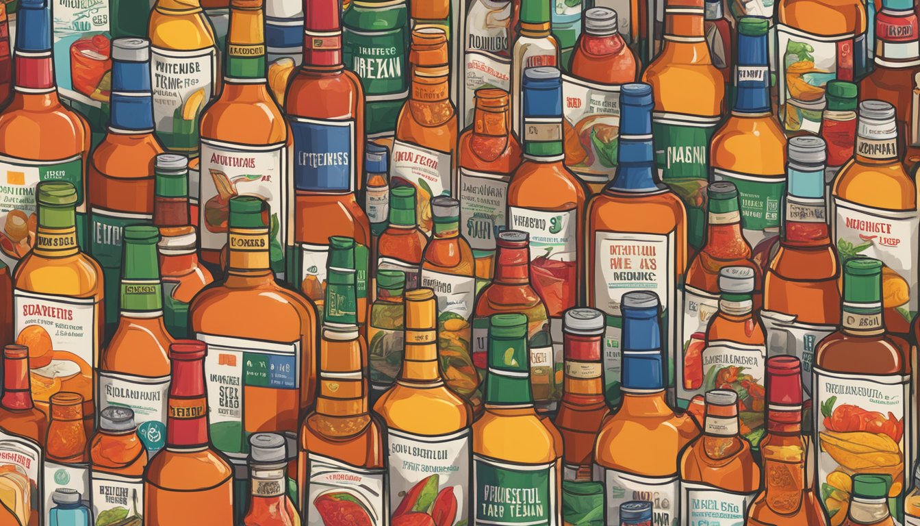 A bustling marketplace with diverse hot sauce bottles on display, featuring bold Texan branding and attracting a global audience