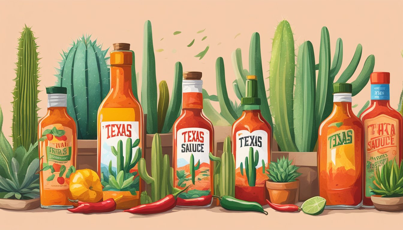 A colorful assortment of Texas hot sauce bottles arranged in a subscription box, surrounded by chili peppers and cactus plants