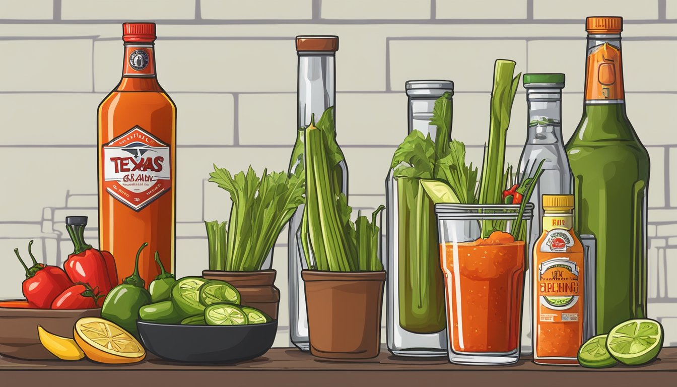 A tall glass filled with a spicy Bloody Mary, garnished with celery and a skewer of pickled jalapenos, surrounded by bottles of various Texas hot sauces