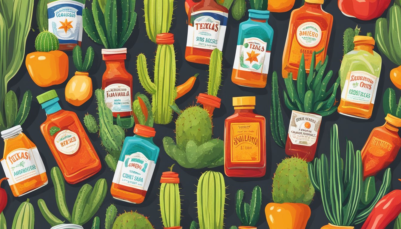 A colorful array of Texas hot sauce bottles arranged in a subscription box, surrounded by chili peppers and cactus plants