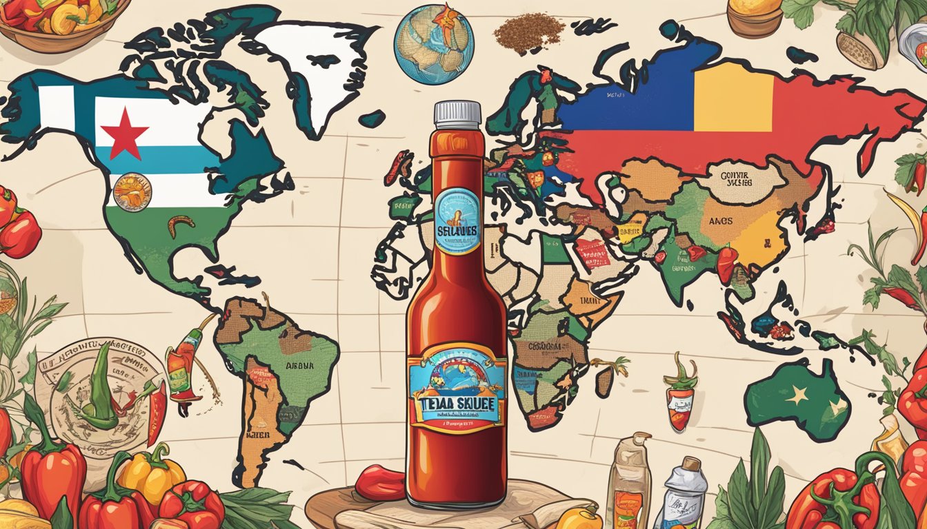 A fiery red hot sauce bottle stands tall amidst a world map, with flags of different countries pinned around it. The bottle is surrounded by various spicy peppers and ingredients, symbolizing the global reach of Texas hot sauce brands