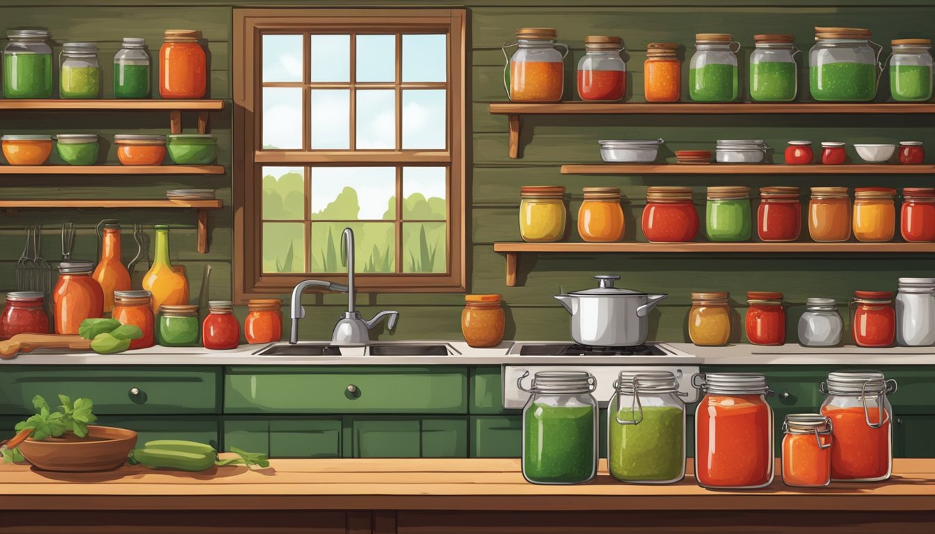 A rustic kitchen with shelves lined with mason jars filled with vibrant red and green hot sauce. A pot simmers on the stove, filling the room with spicy aromas