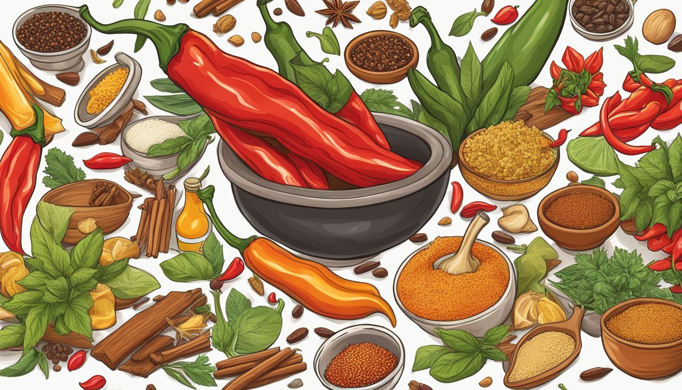 A sizzling red chili pepper bursting with fiery heat, surrounded by a diverse array of international spices and flavors, symbolizing the global impact of Texas hot sauce on culinary trends