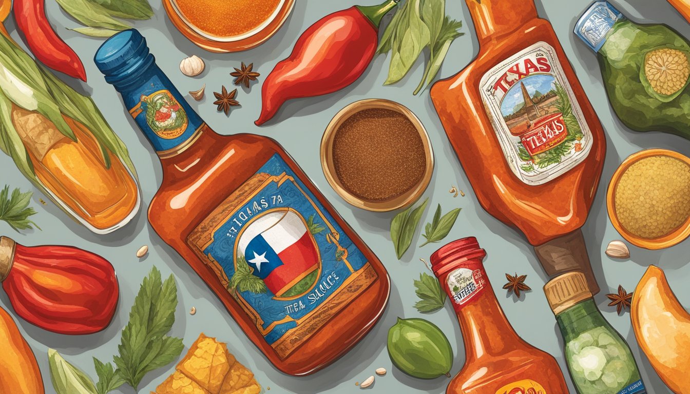 A bottle of Texas hot sauce surrounded by various international spices and ingredients, symbolizing the influence of Texas hot sauce on global flavor trends