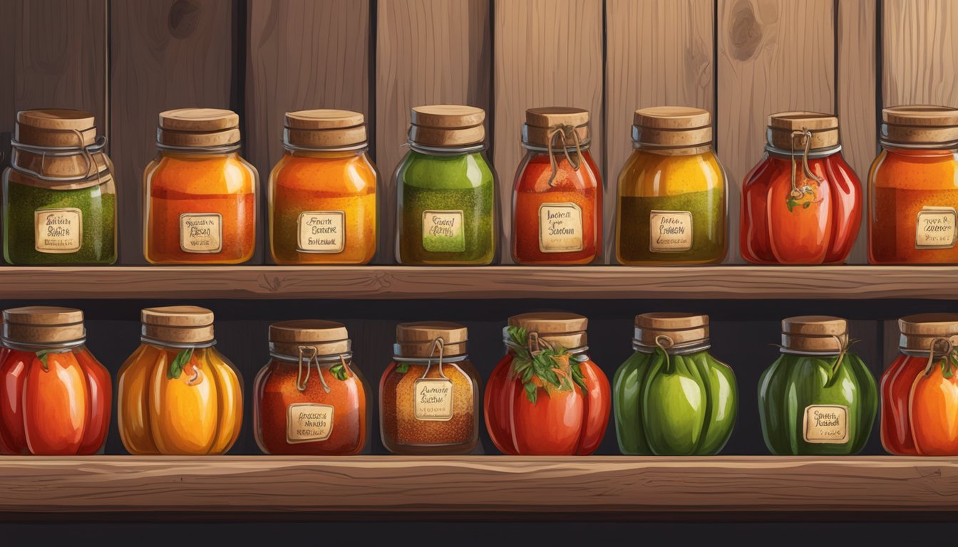 Vibrant farmers market stall showcasing locally sourced peppers and spices, with small batch hot sauce bottles lined up on a rustic wooden display