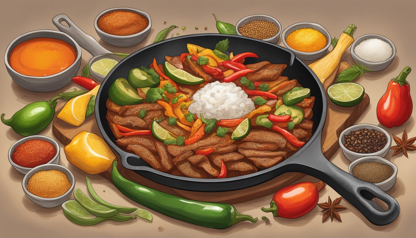 A sizzling skillet of fajitas drenched in Texas hot sauce, surrounded by a colorful array of international spices and ingredients