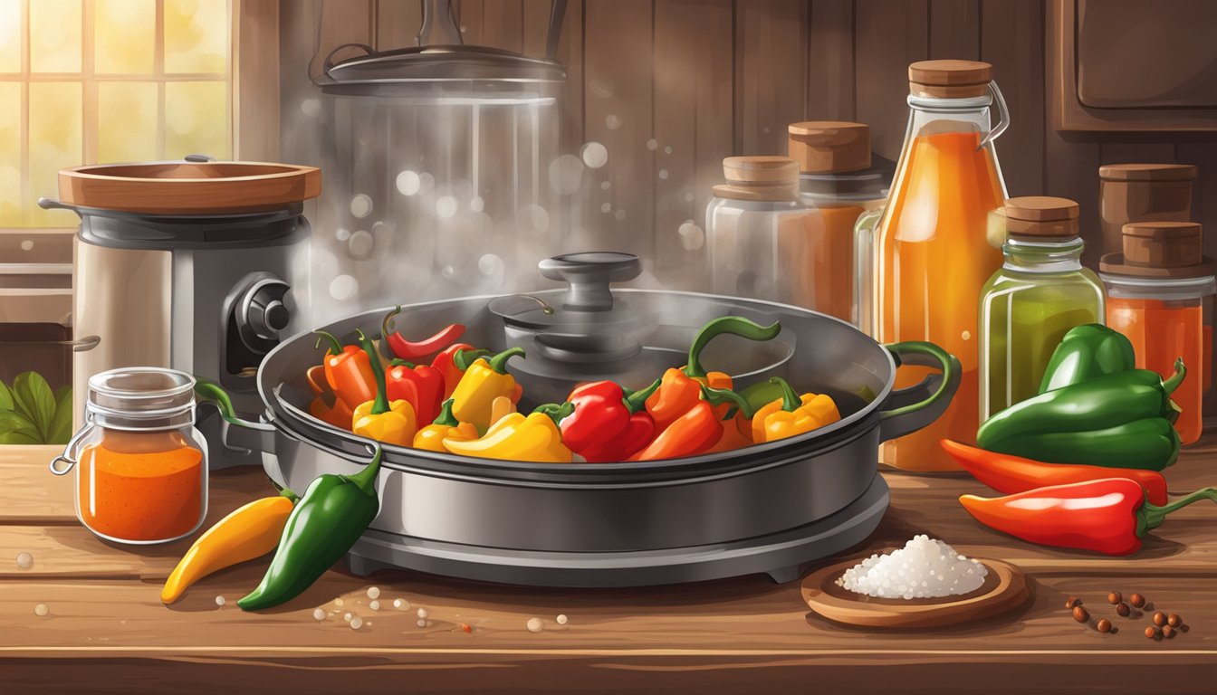 A small, rustic kitchen with various peppers, spices, and mixing equipment scattered on a wooden table. A pot of simmering hot sauce bubbles on the stove