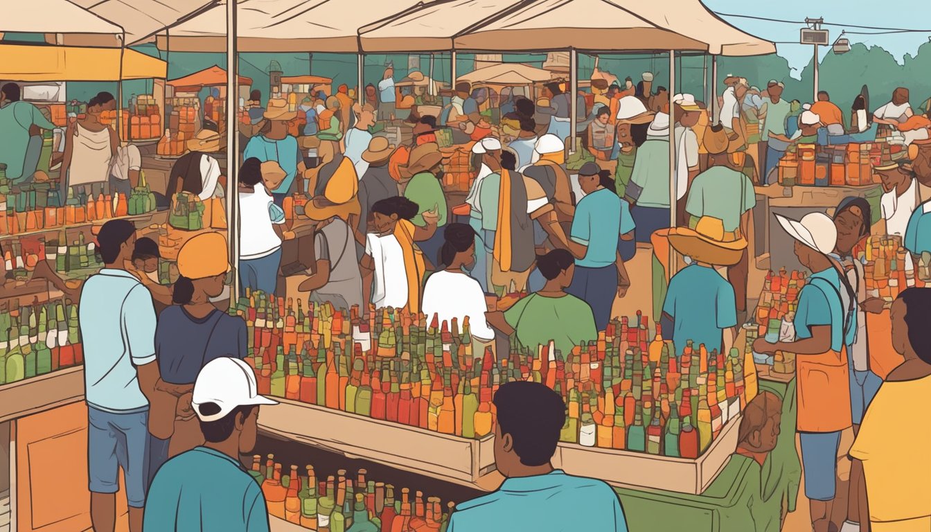 A bustling farmers market with colorful hot sauce bottles on display, surrounded by curious customers tasting and purchasing the small batch Texas hot sauces