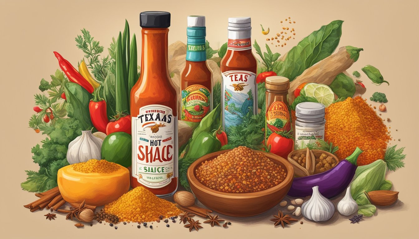 A bottle of Texas hot sauce surrounded by an array of international spices and ingredients, symbolizing the global influence of its flavor