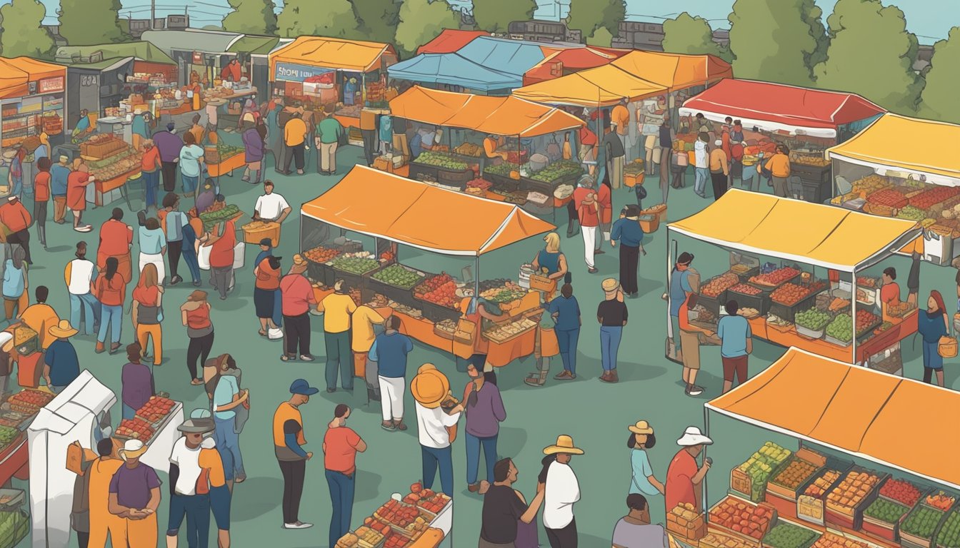 A bustling farmers market with colorful booths showcasing small batch Texas hot sauces, surrounded by eager customers sampling and purchasing the spicy products