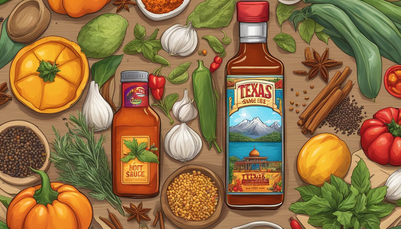 A sizzling bottle of Texas hot sauce surrounded by an array of colorful and diverse international spices and ingredients