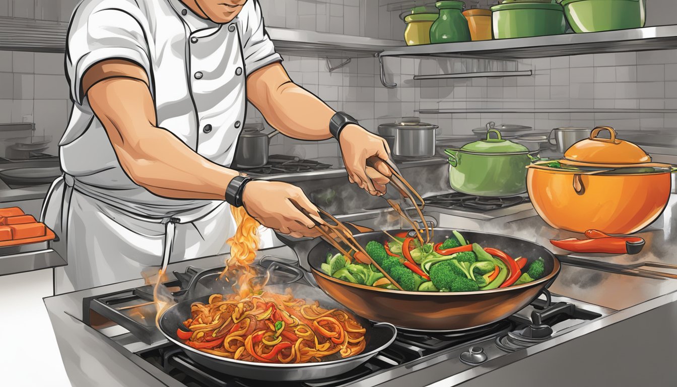 A chef adds a drizzle of sriracha to a sizzling wok of stir-fry, infusing the dish with a spicy and tangy aroma