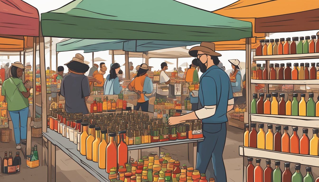 A bustling market with colorful stalls showcasing various small batch Texas hot sauces, as customers sample and purchase bottles from enthusiastic vendors