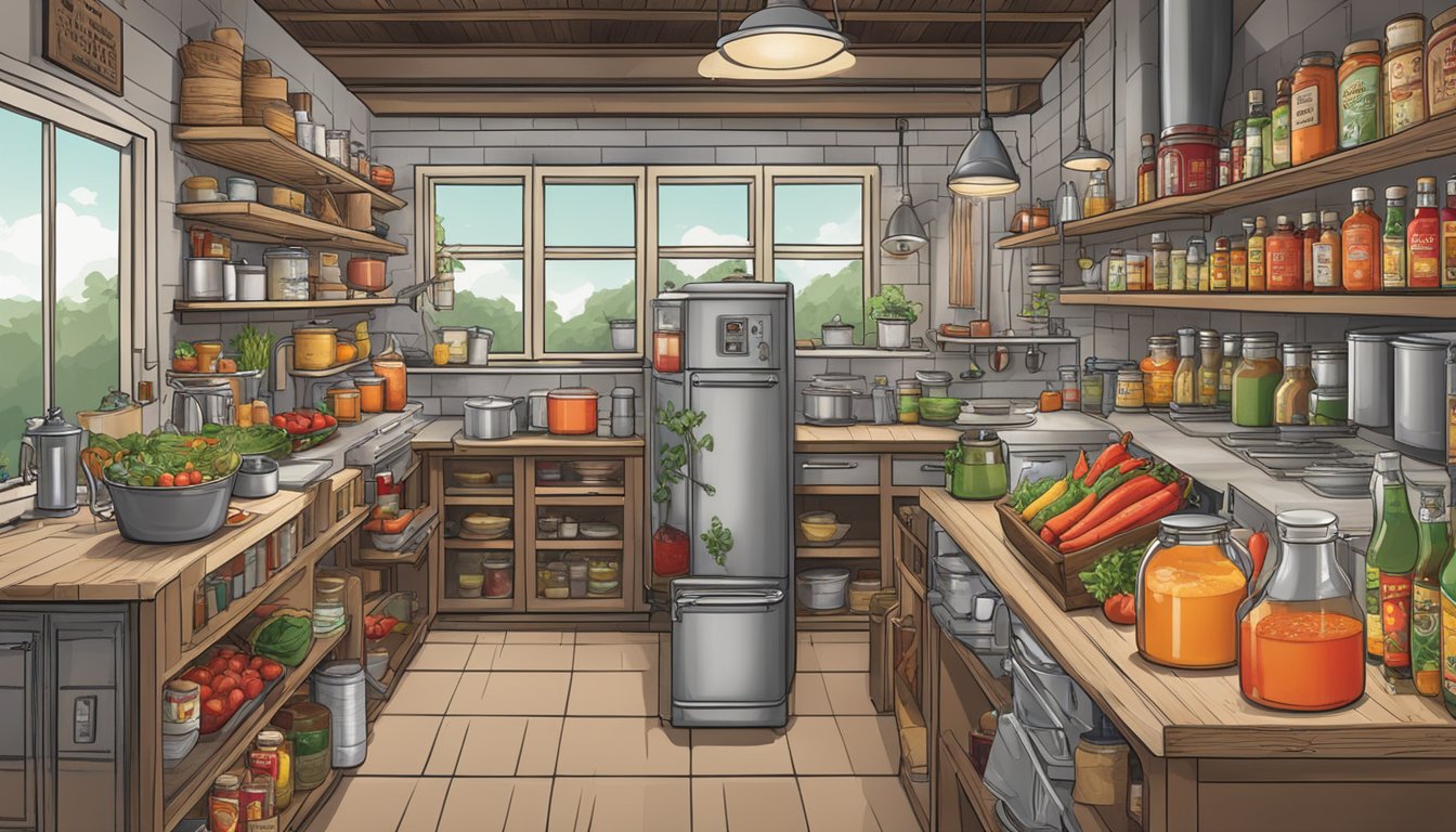 A bustling kitchen with various ingredients and equipment for making hot sauce. Labels for "small batch" and "Texas" are prominent