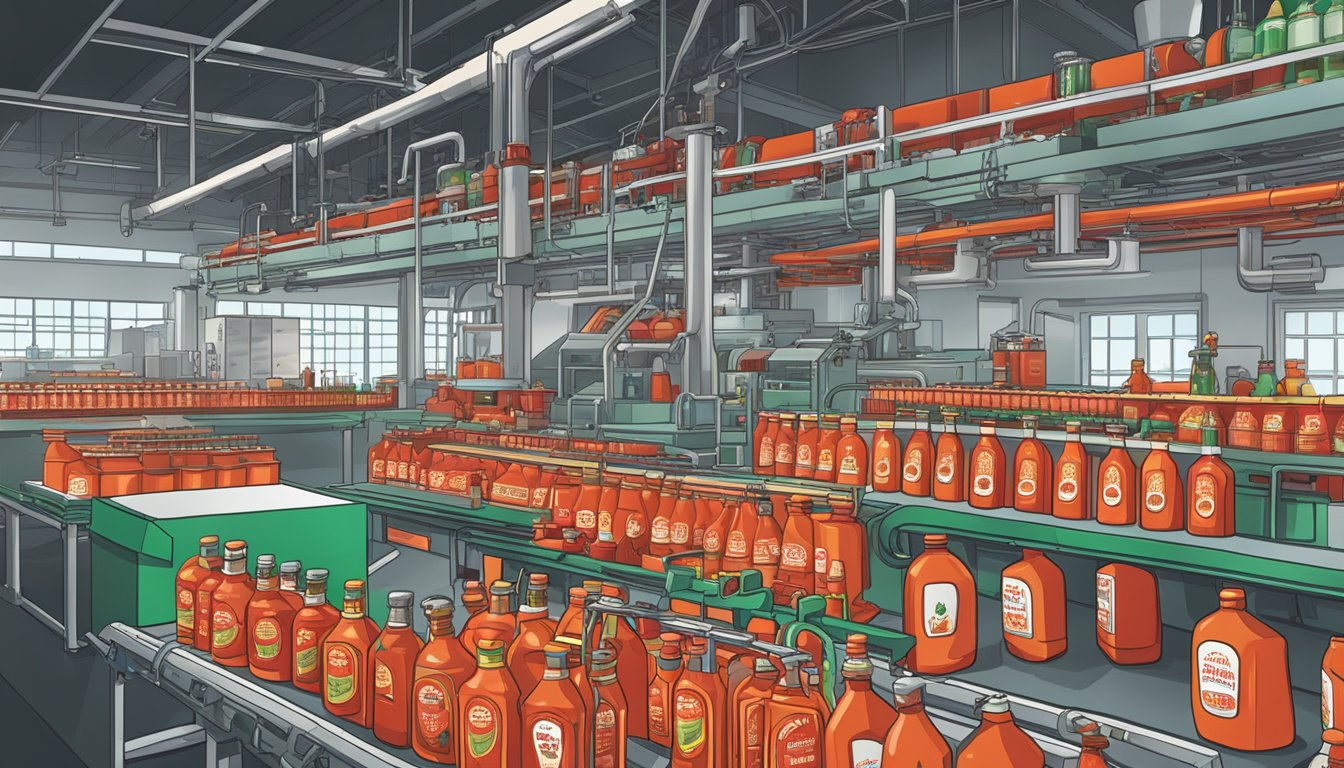 A bustling sriracha factory with futuristic machinery and conveyor belts producing bottles of the iconic hot sauce