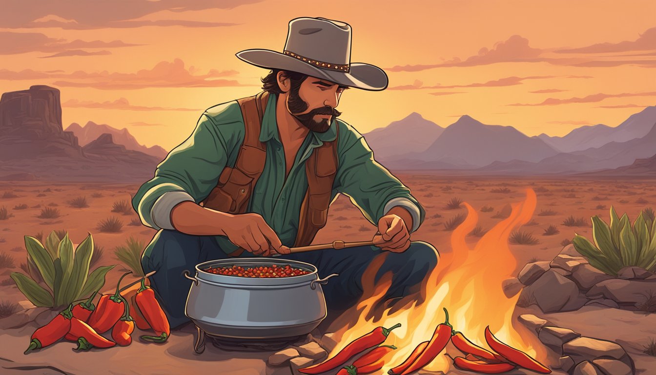 A cowboy stirring a bubbling pot of spicy peppers over a crackling campfire in the vast Texas desert