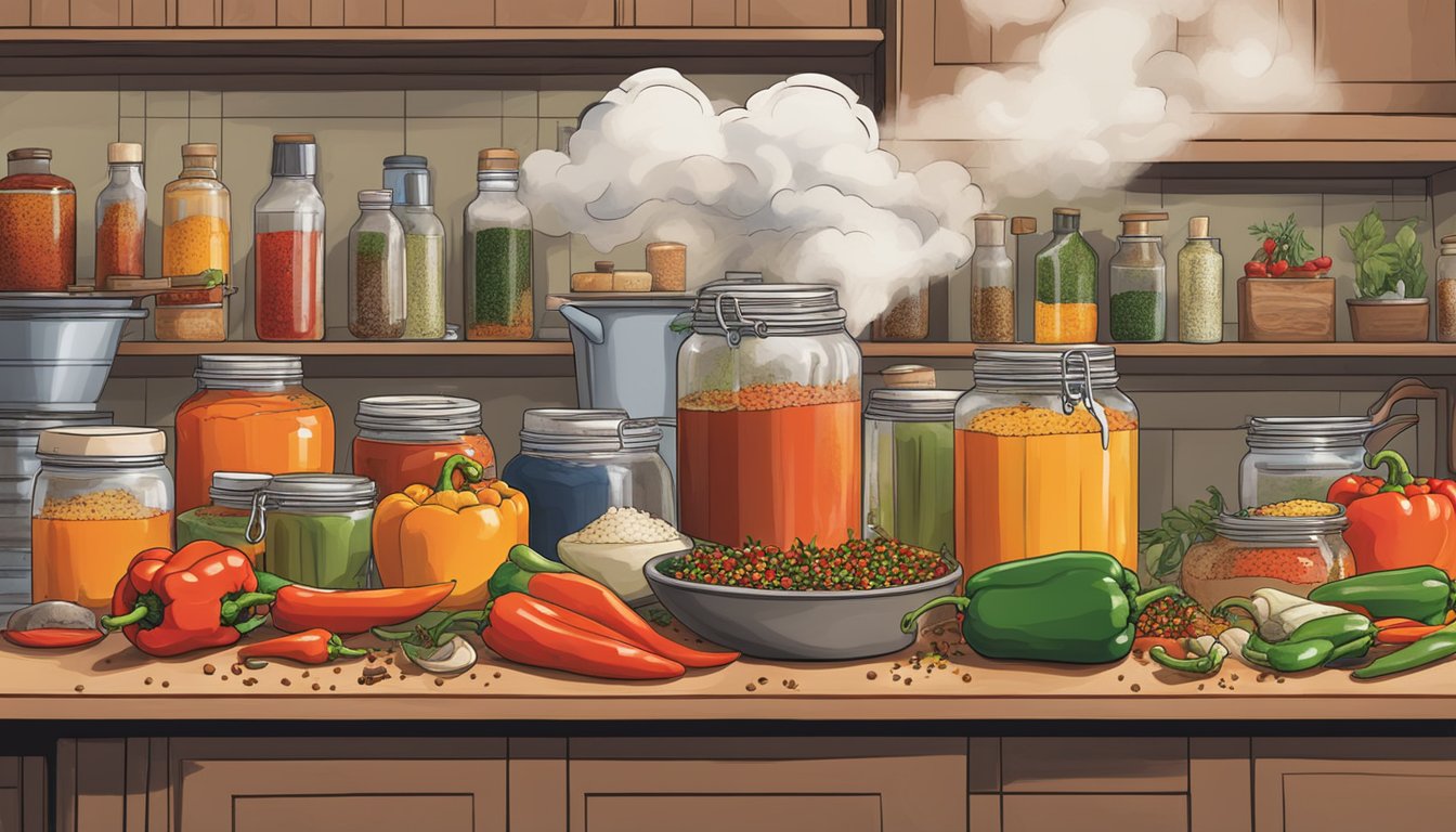 A bustling Texas kitchen, filled with colorful peppers, vinegar, and spices. A cloud of heat and aroma fills the air as hot sauce recipes are crafted