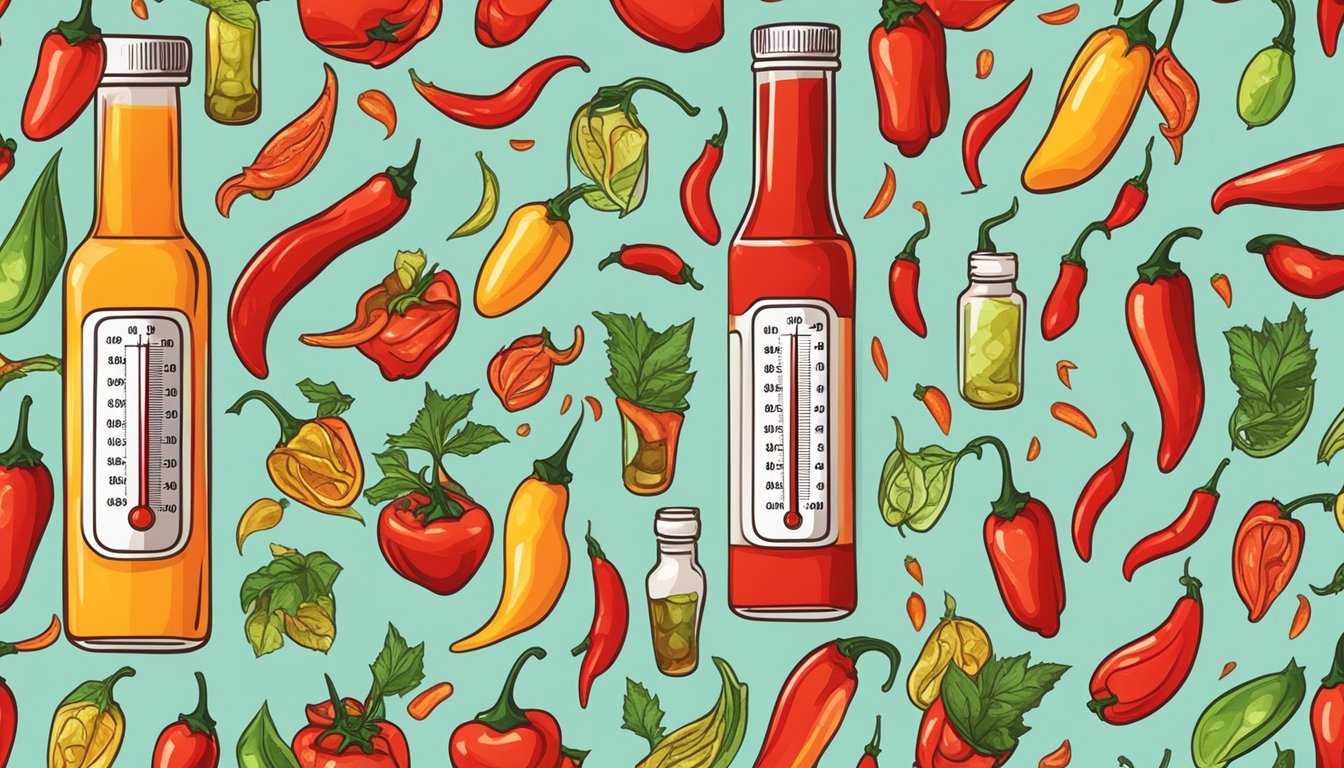 A bottle of hot sauce surrounded by chili peppers and a thermometer measuring high heat levels