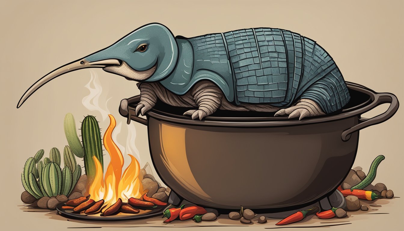 A cowboy hat-wearing armadillo cooks up a spicy blend of chili peppers and cactus in a cast iron pot over a campfire