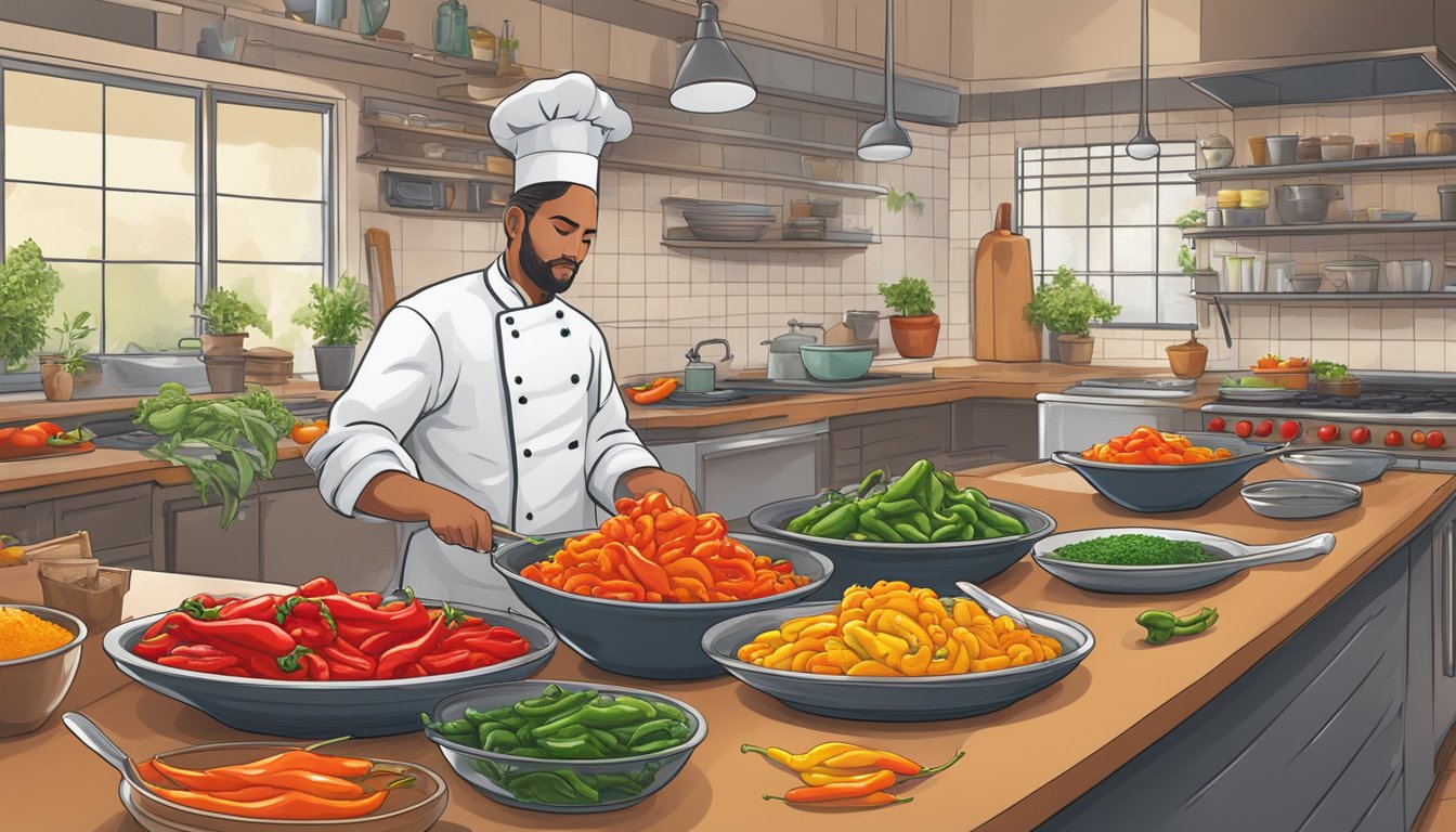 A bustling Texas kitchen, filled with a variety of fresh and colorful peppers, being transformed into fiery hot sauce by a skilled chef