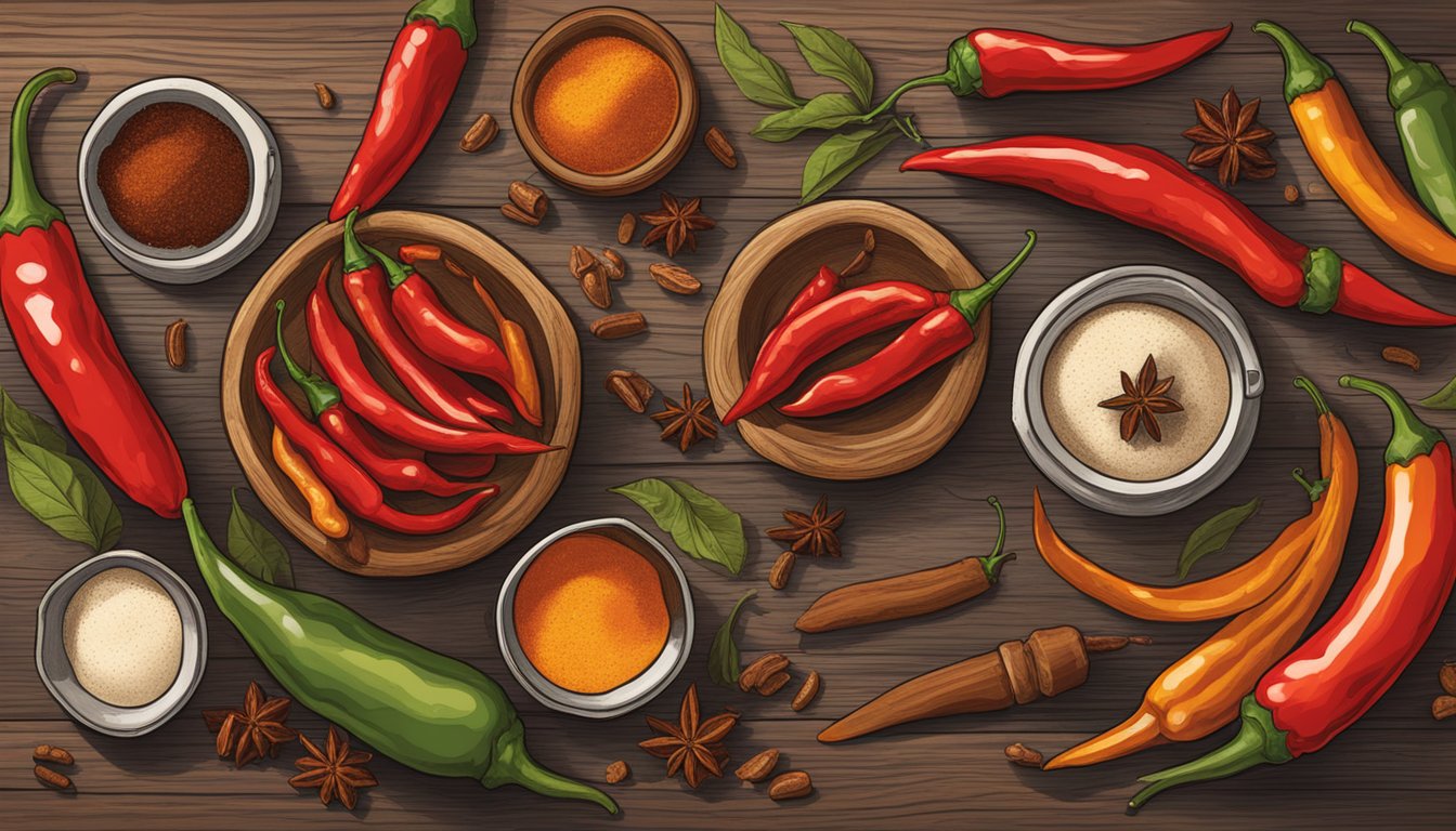 A rustic wooden table displays vibrant chili peppers, aged vinegar, and smoky spices, evoking the bold history of Texas hot sauce