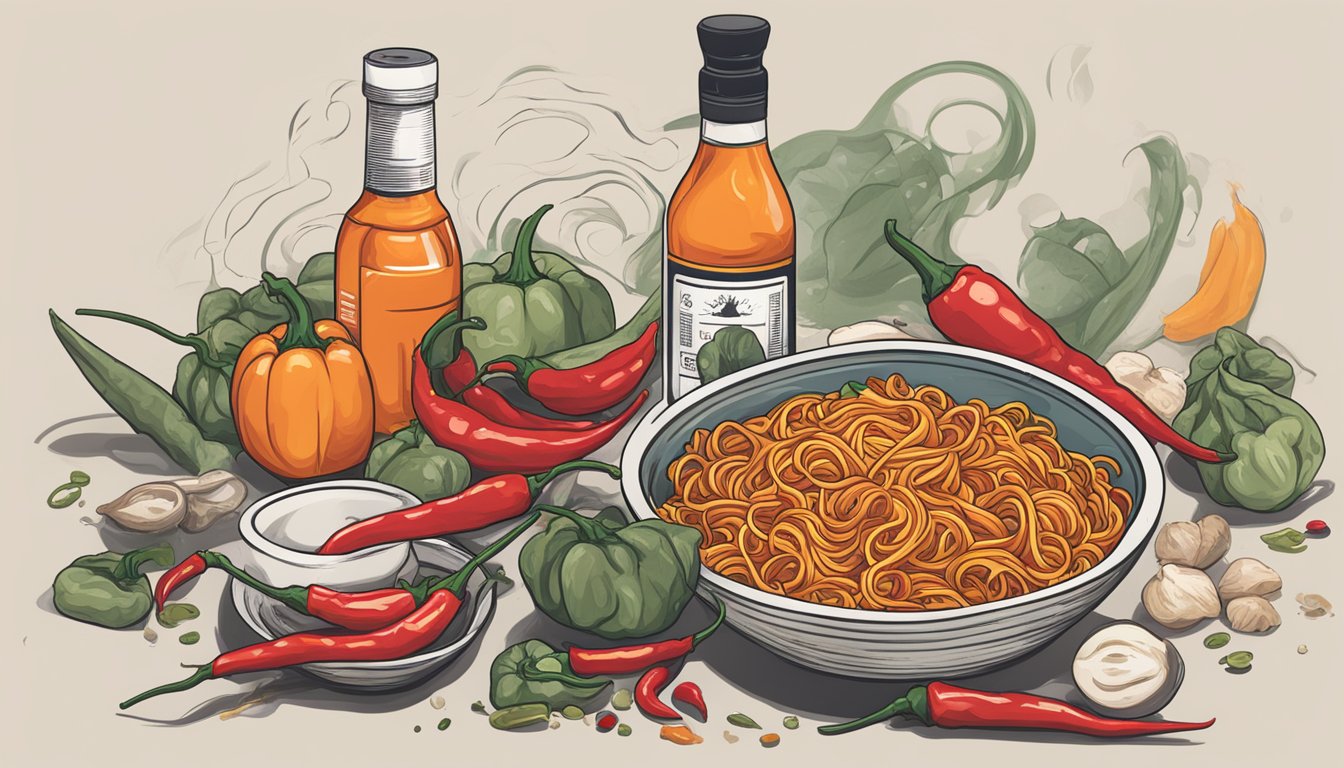 A steaming bowl of spicy noodles sits next to a bottle of hot sauce, surrounded by scattered chili peppers and a stress ball