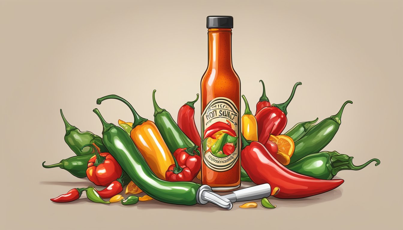 A bottle of hot sauce surrounded by chili peppers and a thermometer showing a high temperature