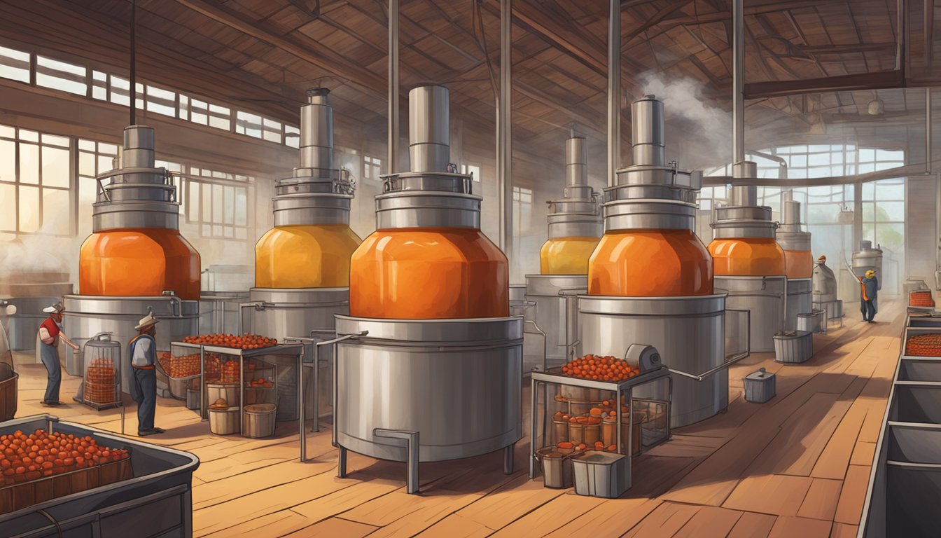 A rustic Texas hot sauce factory with steaming vats and workers bottling fiery sauces