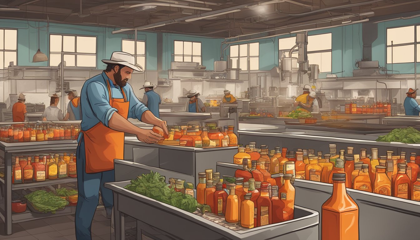 A bustling Texas hot sauce factory with workers bottling and labeling spicy sauces, while a chef in a cowboy hat creates new flavors in a large kitchen