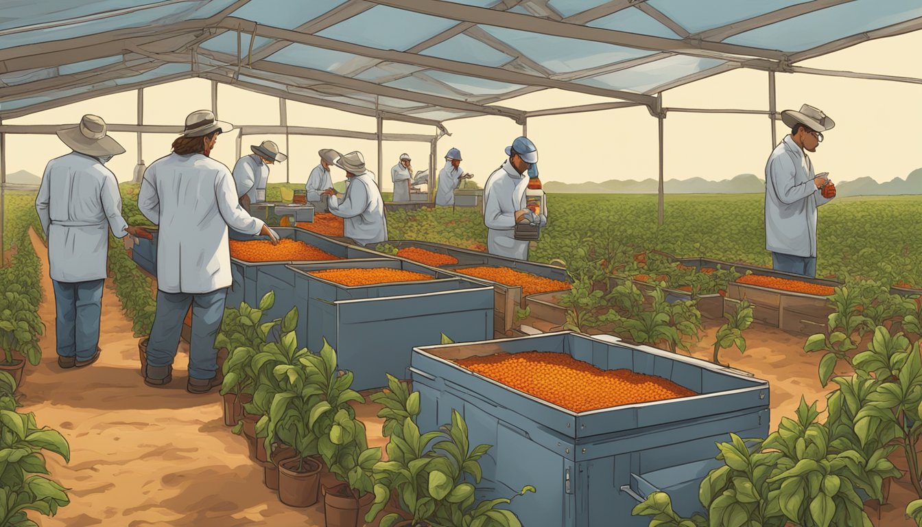 A bustling Texas chili pepper farm with modern equipment and scientists experimenting with new hot sauce flavors