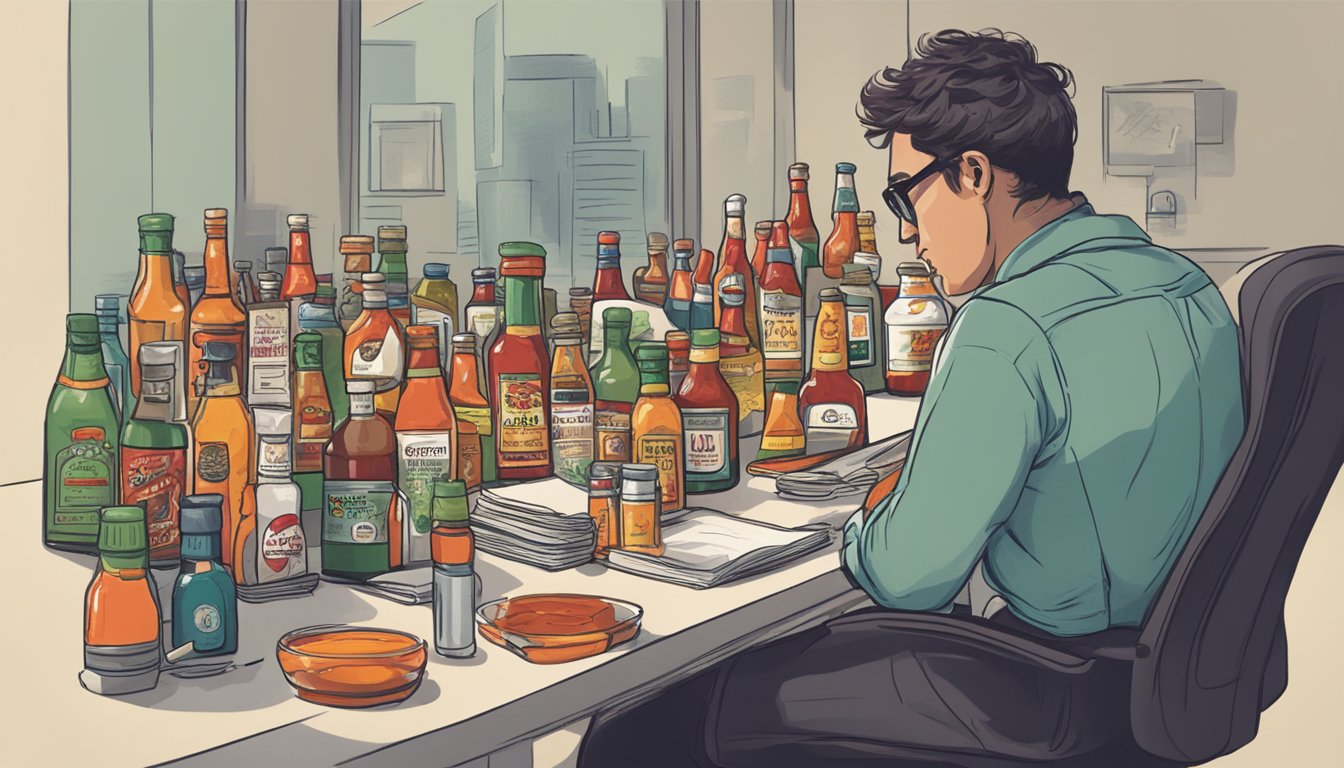 A person sitting at a desk, surrounded by bottles of hot sauce and looking stressed